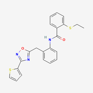 molecular formula C22H19N3O2S2 B2994336 2-(ethylthio)-N-(2-((3-(thiophen-2-yl)-1,2,4-oxadiazol-5-yl)methyl)phenyl)benzamide CAS No. 1797604-35-3