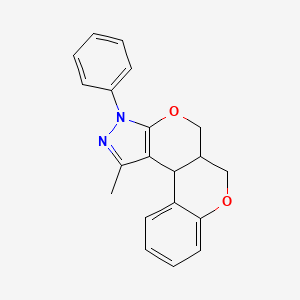 molecular formula C20H18N2O2 B2994428 1-甲基-3-苯基-5,5a,6,11b-四氢-3H-色烯并[4',3':4,5]吡喃并[2,3-c]吡唑 CAS No. 92736-52-2