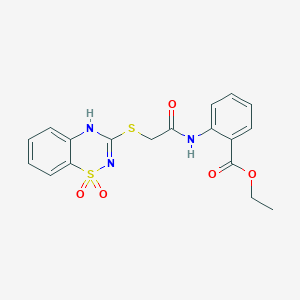 molecular formula C18H17N3O5S2 B2994443 ethyl 2-({[(1,1-dioxido-4H-1,2,4-benzothiadiazin-3-yl)thio]acetyl}amino)benzoate CAS No. 896706-28-8