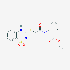 molecular formula C18H17N3O5S2 B2994443 2-({[(1,1-二氧化-4H-1,2,4-苯并噻二嗪-3-基)硫]乙酰}氨基)苯甲酸乙酯 CAS No. 896706-28-8