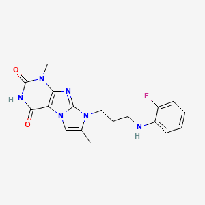 molecular formula C18H19FN6O2 B2994450 8-(3-((2-fluorophenyl)amino)propyl)-1,7-dimethyl-1H-imidazo[2,1-f]purine-2,4(3H,8H)-dione CAS No. 923686-68-4