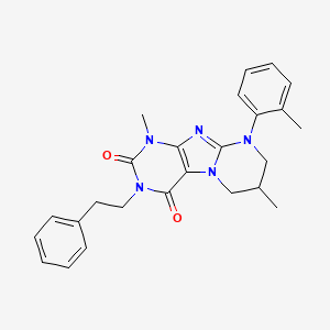molecular formula C25H27N5O2 B2994511 1,7-二甲基-3-苯乙基-9-(邻甲苯基)-6,7,8,9-四氢嘧啶并[2,1-f]嘌呤-2,4(1H,3H)-二酮 CAS No. 877618-03-6