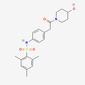 molecular formula C22H28N2O4S B2994529 N-(4-(2-(4-hydroxypiperidin-1-yl)-2-oxoethyl)phenyl)-2,4,6-trimethylbenzenesulfonamide CAS No. 1235108-56-1