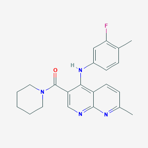 molecular formula C22H23FN4O B2994549 (4-((3-Fluoro-4-methylphenyl)amino)-7-methyl-1,8-naphthyridin-3-yl)(piperidin-1-yl)methanone CAS No. 1251632-90-2