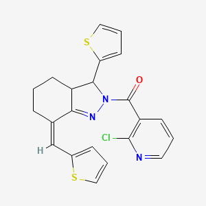 molecular formula C22H18ClN3OS2 B2994572 (2-Chloropyridin-3-yl)-[(7Z)-3-thiophen-2-yl-7-(thiophen-2-ylmethylidene)-3a,4,5,6-tetrahydro-3H-indazol-2-yl]methanone CAS No. 326023-99-8