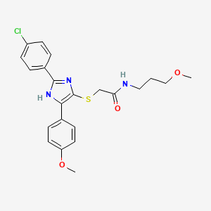 molecular formula C22H24ClN3O3S B2994617 2-((2-(4-chlorophenyl)-5-(4-methoxyphenyl)-1H-imidazol-4-yl)thio)-N-(3-methoxypropyl)acetamide CAS No. 901241-97-2