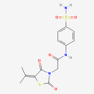 molecular formula C14H15N3O5S2 B2994621 2-[2,4-二氧代-5-(丙-2-亚基)-1,3-噻唑烷-3-基]-N-(4-磺酰苯基)乙酰胺 CAS No. 860134-82-3