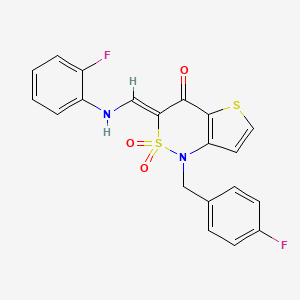 molecular formula C20H14F2N2O3S2 B2994629 (3Z)-1-(4-fluorobenzyl)-3-{[(2-fluorophenyl)amino]methylene}-1H-thieno[3,2-c][1,2]thiazin-4(3H)-one 2,2-dioxide CAS No. 894681-13-1