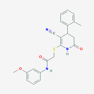 molecular formula C22H21N3O3S B2994631 2-((3-cyano-6-oxo-4-(o-tolyl)-1,4,5,6-tetrahydropyridin-2-yl)thio)-N-(3-methoxyphenyl)acetamide CAS No. 497248-94-9
