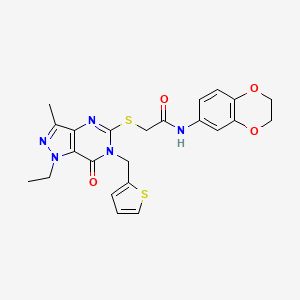 molecular formula C23H23N5O4S2 B2994635 N-(2,3-dihydrobenzo[b][1,4]dioxin-6-yl)-2-((1-ethyl-3-methyl-7-oxo-6-(thiophen-2-ylmethyl)-6,7-dihydro-1H-pyrazolo[4,3-d]pyrimidin-5-yl)thio)acetamide CAS No. 1358957-29-5
