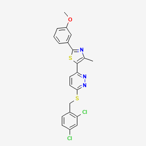 molecular formula C22H17Cl2N3OS2 B2994689 5-(6-((2,4-Dichlorobenzyl)thio)pyridazin-3-yl)-2-(3-methoxyphenyl)-4-methylthiazole CAS No. 923173-03-9