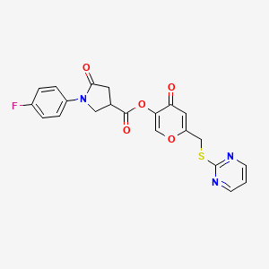molecular formula C21H16FN3O5S B2994691 4-oxo-6-((pyrimidin-2-ylthio)methyl)-4H-pyran-3-yl 1-(4-fluorophenyl)-5-oxopyrrolidine-3-carboxylate CAS No. 877637-76-8