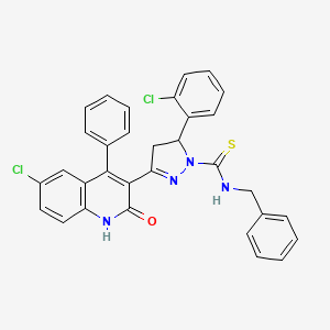 molecular formula C32H24Cl2N4OS B2994719 N-benzyl-3-(6-chloro-2-hydroxy-4-phenylquinolin-3-yl)-5-(2-chlorophenyl)-4,5-dihydro-1H-pyrazole-1-carbothioamide CAS No. 377764-96-0