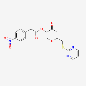 molecular formula C18H13N3O6S B2994722 [4-Oxo-6-(pyrimidin-2-ylsulfanylmethyl)pyran-3-yl] 2-(4-nitrophenyl)acetate CAS No. 877637-45-1