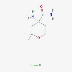 molecular formula C8H17ClN2O2 B2994723 4-Amino-2,2-dimethyloxane-4-carboxamide hydrochloride CAS No. 2193064-85-4