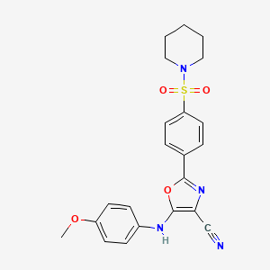 molecular formula C22H22N4O4S B2994734 5-((4-Methoxyphenyl)amino)-2-(4-(piperidin-1-ylsulfonyl)phenyl)oxazole-4-carbonitrile CAS No. 941243-87-4