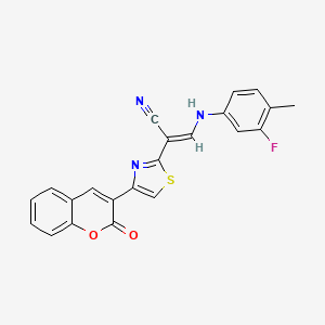 molecular formula C22H14FN3O2S B2994789 (E)-3-((3-fluoro-4-methylphenyl)amino)-2-(4-(2-oxo-2H-chromen-3-yl)thiazol-2-yl)acrylonitrile CAS No. 477297-69-1