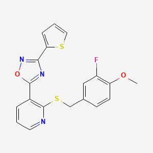 molecular formula C19H14FN3O2S2 B2994803 5-(2-((3-Fluoro-4-methoxybenzyl)thio)pyridin-3-yl)-3-(thiophen-2-yl)-1,2,4-oxadiazole CAS No. 1428351-67-0