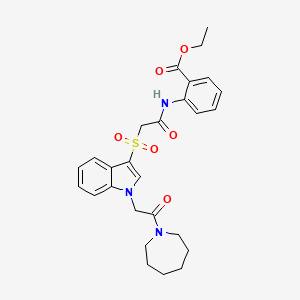 molecular formula C27H31N3O6S B2994880 ethyl 2-(2-((1-(2-(azepan-1-yl)-2-oxoethyl)-1H-indol-3-yl)sulfonyl)acetamido)benzoate CAS No. 878059-74-6