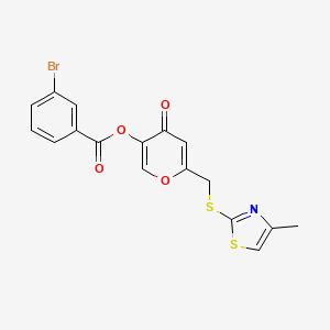molecular formula C17H12BrNO4S2 B2994922 6-(((4-methylthiazol-2-yl)thio)methyl)-4-oxo-4H-pyran-3-yl 3-bromobenzoate CAS No. 896303-97-2