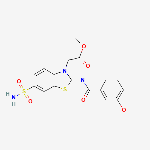 molecular formula C18H17N3O6S2 B2994947 (Z)-methyl 2-(2-((3-methoxybenzoyl)imino)-6-sulfamoylbenzo[d]thiazol-3(2H)-yl)acetate CAS No. 865198-65-8