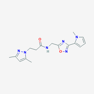 molecular formula C16H20N6O2 B2994951 3-(3,5-dimethyl-1H-pyrazol-1-yl)-N-((3-(1-methyl-1H-pyrrol-2-yl)-1,2,4-oxadiazol-5-yl)methyl)propanamide CAS No. 2034408-67-6
