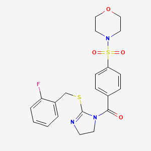molecular formula C21H22FN3O4S2 B2995020 (2-((2-fluorobenzyl)thio)-4,5-dihydro-1H-imidazol-1-yl)(4-(morpholinosulfonyl)phenyl)methanone CAS No. 851807-23-3