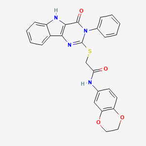 molecular formula C26H20N4O4S B2995051 N-(2,3-dihydrobenzo[b][1,4]dioxin-6-yl)-2-((4-oxo-3-phenyl-4,5-dihydro-3H-pyrimido[5,4-b]indol-2-yl)thio)acetamide CAS No. 536703-69-2