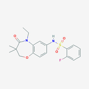 molecular formula C19H21FN2O4S B2995064 N-(5-乙基-3,3-二甲基-4-氧代-2,3,4,5-四氢苯并[b][1,4]恶杂环庚-7-基)-2-氟苯磺酰胺 CAS No. 921909-08-2