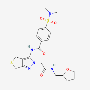 molecular formula C21H27N5O5S2 B2995086 4-(N,N-二甲基磺酰氨基)-N-(2-(2-氧代-2-(((四氢呋喃-2-基)甲基)氨基)乙基)-4,6-二氢-2H-噻吩并[3,4-c]吡唑-3-基)苯甲酰胺 CAS No. 1105250-08-5