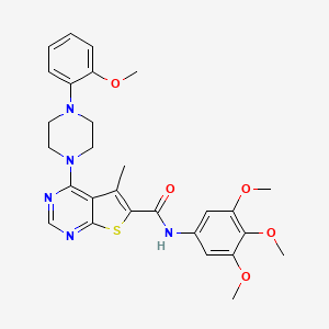 molecular formula C28H31N5O5S B2995108 4-[4-(2-methoxyphenyl)piperazin-1-yl]-5-methyl-N-(3,4,5-trimethoxyphenyl)thieno[2,3-d]pyrimidine-6-carboxamide CAS No. 452087-75-1