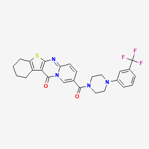 molecular formula C26H23F3N4O2S B2995218 9-(4-(3-(trifluoromethyl)phenyl)piperazine-1-carbonyl)-3,4-dihydro-1H-benzo[4,5]thieno[2,3-d]pyrido[1,2-a]pyrimidin-12(2H)-one CAS No. 866014-91-7