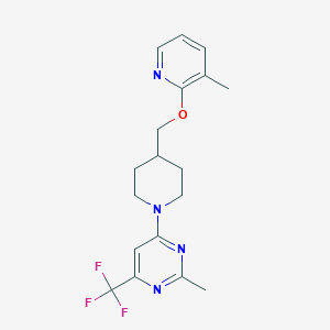 molecular formula C18H21F3N4O B2995226 2-Methyl-4-[4-[(3-methylpyridin-2-yl)oxymethyl]piperidin-1-yl]-6-(trifluoromethyl)pyrimidine CAS No. 2379975-93-4