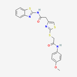 molecular formula C21H18N4O3S3 B2995239 N-(苯并[d]噻唑-2-基)-2-(2-((2-((4-甲氧基苯基)氨基)-2-氧代乙基)硫代)噻唑-4-基)乙酰胺 CAS No. 942000-74-0