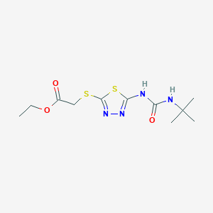 molecular formula C11H18N4O3S2 B2995283 Ethyl 2-[[5-(tert-butylcarbamoylamino)-1,3,4-thiadiazol-2-yl]sulfanyl]acetate CAS No. 886941-47-5