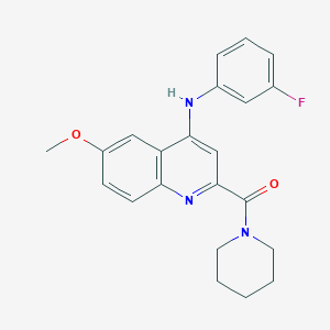 molecular formula C22H22FN3O2 B2995289 (4-((3-Fluorophenyl)amino)-6-methoxyquinolin-2-yl)(piperidin-1-yl)methanone CAS No. 1226448-54-9