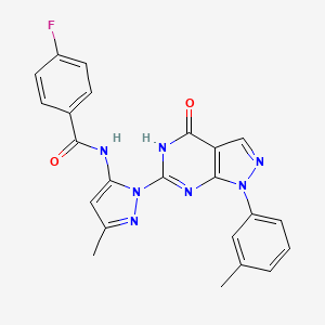 molecular formula C23H18FN7O2 B2995344 4-氟-N-(3-甲基-1-(4-氧代-1-(间甲苯基)-4,5-二氢-1H-吡唑并[3,4-d]嘧啶-6-基)-1H-吡唑-5-基)苯甲酰胺 CAS No. 1170528-15-0