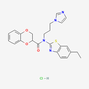 molecular formula C24H25ClN4O3S B2995346 N-(3-(1H-imidazol-1-yl)propyl)-N-(6-ethylbenzo[d]thiazol-2-yl)-2,3-dihydrobenzo[b][1,4]dioxine-2-carboxamide hydrochloride CAS No. 1216632-64-2