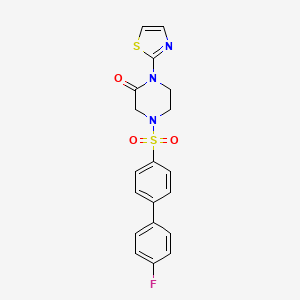 molecular formula C19H16FN3O3S2 B2995373 4-[4-(4-Fluorophenyl)phenyl]sulfonyl-1-(1,3-thiazol-2-yl)piperazin-2-one CAS No. 2320889-32-3