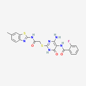 molecular formula C21H17FN6O3S2 B2995378 N-(4-amino-2-((2-((6-methylbenzo[d]thiazol-2-yl)amino)-2-oxoethyl)thio)-6-oxo-1,6-dihydropyrimidin-5-yl)-2-fluorobenzamide CAS No. 872597-30-3