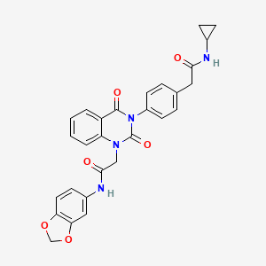 molecular formula C28H24N4O6 B2995420 2-{4-[1-[2-(1,3-苯并二氧杂-5-基氨基)-2-氧代乙基]-2,4-二氧代-1,4-二氢喹唑啉-3(2H)-基]苯基}-N-环丙基乙酰胺 CAS No. 1215853-49-8