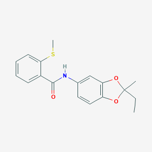 molecular formula C18H19NO3S B299543 N-(2-ethyl-2-methyl-1,3-benzodioxol-5-yl)-2-(methylsulfanyl)benzamide 