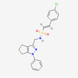 molecular formula C21H20ClN3O2S B2995487 (E)-2-(4-Chlorophenyl)-N-[(1-phenyl-5,6-dihydro-4H-cyclopenta[c]pyrazol-3-yl)methyl]ethenesulfonamide CAS No. 1424633-06-6