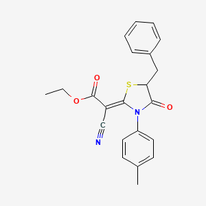 molecular formula C22H20N2O3S B2995525 (Z)-ethyl 2-(5-benzyl-4-oxo-3-(p-tolyl)thiazolidin-2-ylidene)-2-cyanoacetate CAS No. 786676-55-9