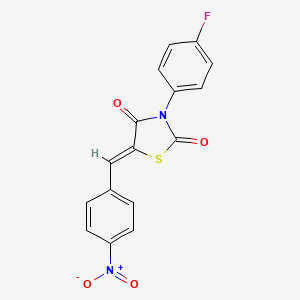 molecular formula C16H9FN2O4S B2995592 (Z)-3-(4-氟苯基)-5-(4-硝基苄叉)-噻唑并二酮-2,4-二酮 CAS No. 879973-01-0