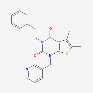 molecular formula C22H21N3O2S B2995606 5,6-dimethyl-3-(2-phenylethyl)-1-[(pyridin-3-yl)methyl]-1H,2H,3H,4H-thieno[2,3-d]pyrimidine-2,4-dione CAS No. 689756-70-5