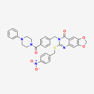 molecular formula C34H29N5O6S B2995729 6-[(4-硝基苄基)硫]-7-{4-[(4-苯基哌嗪-1-基)羰基]苄基}[1,3]二噁唑并[4,5-g]喹唑啉-8(7H)-酮 CAS No. 689758-63-2