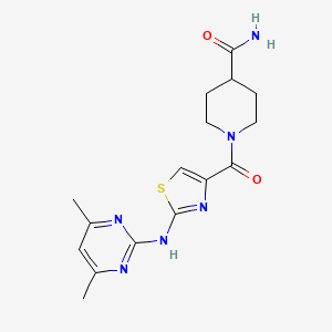 molecular formula C16H20N6O2S B2995743 1-(2-((4,6-Dimethylpyrimidin-2-yl)amino)thiazole-4-carbonyl)piperidine-4-carboxamide CAS No. 1251551-52-6