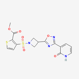 molecular formula C16H14N4O6S2 B2995756 3-((3-(3-(2-氧代-1,2-二氢吡啶-3-基)-1,2,4-恶二唑-5-基)氮杂环丁-1-基)磺酰基)噻吩-2-甲酸甲酯 CAS No. 1396798-39-2