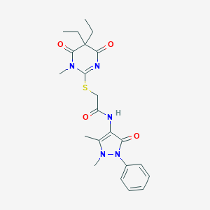 molecular formula C22H27N5O4S B299578 2-[(5,5-diethyl-1-methyl-4,6-dioxo-1,4,5,6-tetrahydro-2-pyrimidinyl)sulfanyl]-N-(1,5-dimethyl-3-oxo-2-phenyl-2,3-dihydro-1H-pyrazol-4-yl)acetamide 